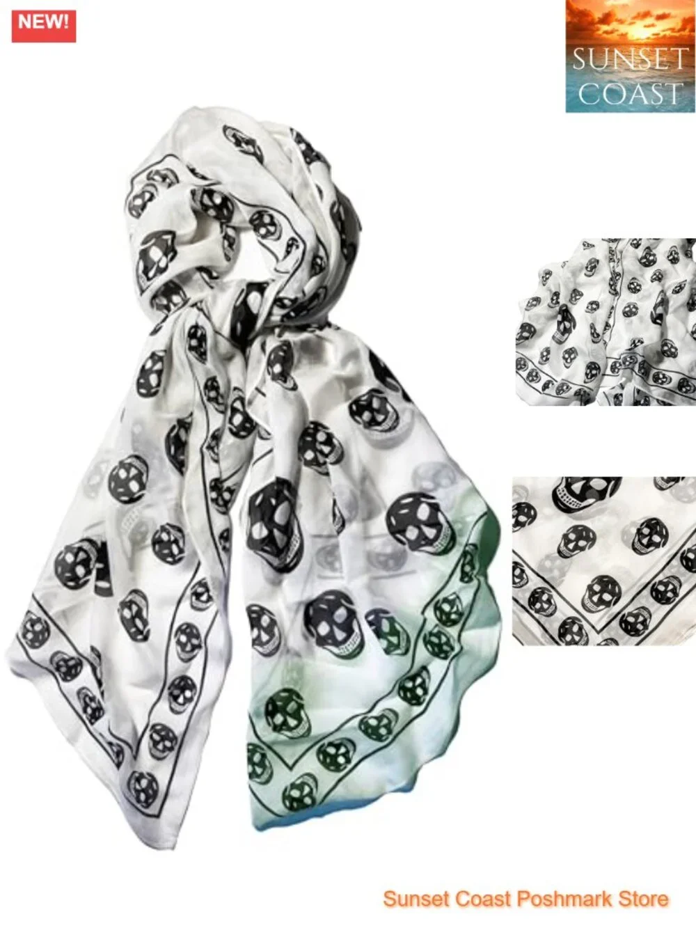 Genuine Pure Silk Chiffon Scarf - 59 inches Long Gothic Skull Pattern